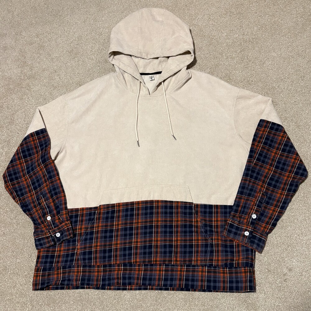 ChArmkpR Mens XXL Corduroy Flannel Patchwork Hoodie Sweatshirt Cream Blue Plaid